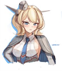 Rule 34 | 1girl, blonde hair, blue eyes, blue necktie, braid, breasts, capelet, collared shirt, colorado (kancolle), cropped torso, dimos (dawn 1945), dress shirt, elbow gloves, garrison cap, gloves, grey capelet, grey hat, hat, headgear, highres, kantai collection, large breasts, necktie, one-hour drawing challenge, shirt, short hair, side braids, sideless shirt, simple background, solo, twitter username, white background, white shirt