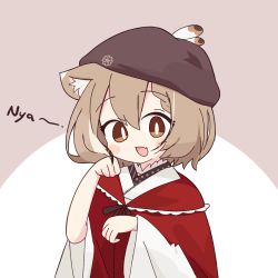 Rule 34 | 1girl, animal ears, bad id, bad twitter id, beret, braid, braided bangs, brown eyes, brown hair, cat ears, cat girl, fang, feathers, hat, highres, hololive, hololive english, japanese clothes, kimono, looking at viewer, multicolored hair, nanashi mumei, nanashi mumei (new year), official alternate costume, paw pose, potato7192, red shawl, ribbon, shawl, short hair, skin fang, streaked hair, virtual youtuber, white kimono, wide sleeves