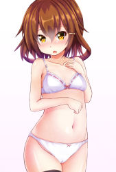 Rule 34 | 10s, 1girl, black thighhighs, blush, bow, bow panties, bra, brown hair, cameltoe, chestnut mouth, ebi 193, fang, flat chest, gradient background, hair ornament, hairclip, hand on own chest, ikazuchi (kancolle), kantai collection, looking at viewer, navel, panties, solo, thighhighs, underwear, underwear only, white bra, white panties