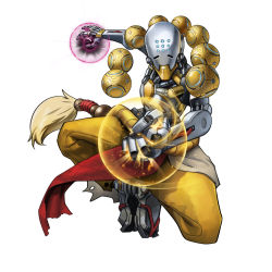 Rule 34 | baggy pants, bead necklace, beads, clothed robot, floating, jewelry, light, light rays, loincloth, looking at viewer, necklace, no shirt, orb, overwatch, pants, robot, shadow, simple background, tonysaurus, torn clothes, white background, wire, zenyatta (overwatch)