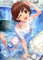 Rule 34 | 10s, 1girl, ;d, absurdres, annindoufu (oicon), arm support, barefoot, bikini, blue bikini, blush, brown eyes, brown hair, collarbone, feet, highres, honda mio, idolmaster, idolmaster cinderella girls, looking at viewer, official art, one eye closed, open mouth, outdoors, pool, poolside, scan, see-through, shading eyes, shirt, short hair, smile, soles, solo, swimsuit, toes, wading, water, wet, wet clothes, wet shirt, white shirt