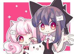Rule 34 | 2girls, ;o, ahoge, animal ears, bad bcy id, bad id, bare arms, bare shoulders, black bow, black eyes, black vest, blush stickers, border, bow, bowtie, brown hair, buttons, cat, cat ears, cat hair ornament, chu li, closed mouth, collared shirt, eyelashes, hair bow, hair ornament, hand up, long hair, looking at viewer, low twintails, multiple girls, necktie, one eye closed, open mouth, original, outside border, pink background, pink bow, pink bowtie, pink hair, pink necktie, red eyes, rubbing eyes, shirt, simple background, sleeveless, sleeveless shirt, smile, solid oval eyes, sparkle, straight hair, twintails, upper body, vest, waving, white border, white shirt