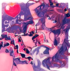 Rule 34 | 1girl, armlet, blue eyes, bow, brown hair, character name, dutch angle, eyeshadow, frilled skirt, frills, hair bow, hands up, ichinose shiki, idolmaster, idolmaster cinderella girls, jewelry, long hair, makeup, midriff, navel, necklace, off shoulder, oniyama831, purple background, skirt, sleeveless, smile, solo, swept bangs, twintails, wavy hair, wrist cuffs