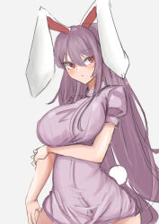 Rule 34 | 1girl, :/, absurdres, alternate costume, animal ears, arm under breasts, bare arms, blush, breasts, commentary request, cowboy shot, dress, grey background, hair between eyes, highres, kuraki, large breasts, long hair, looking to the side, puffy short sleeves, puffy sleeves, purple dress, purple hair, rabbit ears, rabbit tail, red eyes, reisen udongein inaba, short sleeves, simple background, solo, tail, touhou, very long hair, wide hips