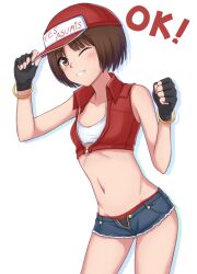 Rule 34 | 1girl, adjusting clothes, adjusting headwear, amagami, baseball cap, black gloves, black panties, blue shorts, bob cut, breasts, brown eyes, brown hair, clenched hand, collarbone, commentary, cosplay, cropped vest, cutoffs, denim, drop shadow, english text, fatal fury, feilong (rong0102), gloves, gold bracelet, groin, hat, leaning forward, looking at viewer, midriff, navel, one eye closed, open clothes, open fly, open shorts, open vest, panties, partially unzipped, red hat, red panties, short hair, short shorts, shorts, small breasts, solo, sports bra, standing, tachibana miya, terry bogard, toned, two-tone panties, underwear, unzipped, vest, w arms, white background, white hat, white sports bra, zipper, zipper pull tab