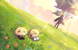 Rule 34 | 1girl, 2boys, aether (genshin impact), ahoge, back, bare shoulders, black cape, black eyes, black footwear, black mask, black pants, blonde hair, blue flower, blush, boots, braid, branch, brother and sister, brown gloves, brown pants, brown shirt, cape, chibi, closed eyes, closed mouth, cloud, cloudy sky, commentary, dainsleif (genshin impact), detached sleeves, dress, english commentary, english text, evening, feather hair ornament, feathers, flower, from behind, full body, genshin impact, gloves, grass, hair between eyes, hair flower, hair ornament, half mask, heart, highres, long hair, long sleeves, looking at another, looking back, lumine (genshin impact), lying, mask, mlem0817, multiple boys, on back, open mouth, orange cape, orange flower, outdoors, pants, pink clouds, pink flower, scarf, shirt, short hair, short sleeves, siblings, sidelocks, sky, sleeping, smile, star (symbol), sunlight, thought bubble, tree, white dress, white flower, white footwear, white scarf, yellow sky