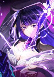 Rule 34 | 1girl, azuma yuki, braid, breasts, bridal gauntlets, cleavage, drawing sword, electricity, flower, genshin impact, highres, holding, holding sword, holding weapon, human scabbard, japanese clothes, kimono, large breasts, long hair, low-braided long hair, low-tied long hair, mole, mole under eye, obi, obiage, purple eyes, purple flower, purple hair, purple kimono, purple nails, raiden shogun, sash, solo, sword, upper body, very long hair, weapon