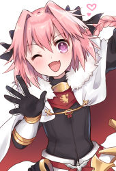 Rule 34 | 1boy, absurdres, astolfo (fate), blush, braid, cape, fang, fate/apocrypha, fate/grand order, fate (series), hair intakes, hair ribbon, highres, long hair, looking at viewer, male focus, one eye closed, open mouth, pink hair, purple eyes, ribbon, rinchu, single braid, smile, solo, trap