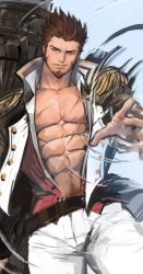 Rule 34 | 1boy, abs, absurdres, bara, beard, belt, blue eyes, brown hair, cowboy shot, dopey (dopq), epaulettes, facial hair, fate/grand order, fate (series), highres, huge weapon, jacket, large pectorals, long sideburns, long sleeves, looking at viewer, male focus, military, military uniform, muscular, napoleon bonaparte (fate), open clothes, open jacket, pants, pectoral cleavage, pectorals, pubic hair, scar, sideburns, simple background, smile, smirk, solo, teeth, uniform, upper body, weapon