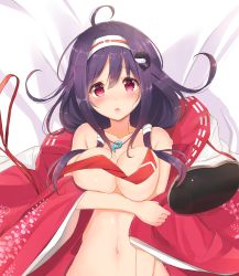 Rule 34 | 10s, 1girl, ahoge, blush, breasts, cleavage, female focus, hair ornament, hairband, highres, japanese clothes, jewelry, kantai collection, large breasts, looking at viewer, low twintails, lying, navel, necklace, on back, open clothes, open mouth, purple hair, red eyes, ryuuhou (kancolle), shishamo (wa37485 0529), solo, taigei (kancolle), twintails, whale hair ornament