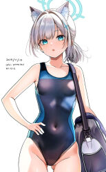 1girl animal_ear_fluff animal_ears bag bare_arms black_one-piece_swimsuit blue_archive blue_eyes blue_halo breasts collarbone commentary_request competition_swimsuit covered_navel dated extra_ears gluteal_fold grey_hair halo hanako_(peanut) highleg highres looking_at_viewer medium_hair official_alternate_costume one-piece_swimsuit open_mouth school_bag school_swimsuit shiroko_(blue_archive) shiroko_(swimsuit)_(blue_archive) simple_background small_breasts solo swimsuit white_background wolf_ears