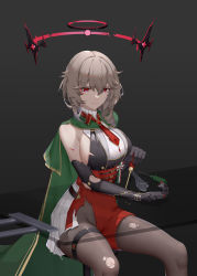 Rule 34 | 1girl, absurdres, azur lane, black background, black gloves, black pantyhose, blonde hair, blood, blood on arm, blood on face, breasts, cape, chinese commentary, closed mouth, cuts, dress, drill hair, drill sidelocks, duca degli abruzzi (azur lane), elbow gloves, feet out of frame, gloves, green cape, halo, highres, holding, holding screwdriver, injury, italian flag, large breasts, lips, looking down, medium hair, necktie, pantyhose, prosthesis, prosthetic arm, red eyes, red halo, red necktie, red skirt, screwdriver, sideboob, sidelocks, sitting, skirt, solo, torn clothes, torn pantyhose, torn skirt, wrench, wsfw