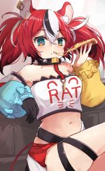 Rule 34 | 1girl, animal ear fluff, animal ears, asymmetrical sleeves, black gloves, black hair, blue eyes, blush, cheese trail, collar, commentary, crop top, detached sleeves, eating, food, food in mouth, food on face, gloves, hair between eyes, hakos baelz, highres, holding, holding food, holocouncil, hololive, hololive english, long hair, long sleeves, looking at viewer, midriff, miniskirt, mismatched sleeves, mouse ears, mouse girl, mouse tail, multicolored hair, navel, pizza, pizza slice, red hair, shirt, shuuzo3, single glove, skirt, solo, spiked collar, spikes, streaked hair, tail, thigh strap, twintails, virtual youtuber, white hair, white shirt