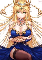 Rule 34 | 1girl, artoria pendragon (fate), artoria pendragon (lancer) (fate), bare shoulders, black thighhighs, blonde hair, blue dress, blue nails, braid, breasts, cleavage, commentary request, crown, dress, earrings, fate/grand order, fate (series), gem, green eyes, hair ornament, highres, jewelry, large breasts, long hair, looking at viewer, nail polish, ribbon, sakiyamama, sitting, smile, solo, thighhighs, very long hair, white background