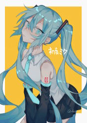 Rule 34 | 1girl, absurdres, black skirt, black sleeves, blue eyes, blue hair, blue necktie, border, character name, chinese commentary, closed mouth, collared shirt, commentary request, cowboy shot, detached sleeves, earrings, expressionless, grey shirt, hair between eyes, hatsune miku, highres, jewelry, kineta, leaning forward, long hair, looking at viewer, necktie, shirt, simple background, skirt, sleeveless, sleeveless shirt, solo, stud earrings, tattoo, translated, twintails, twitter username, vocaloid, white border, yellow background