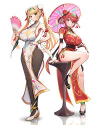 Rule 34 | 2girls, absurdres, alternate costume, alternate hairstyle, armlet, black pantyhose, blonde hair, bracelet, breasts, chest jewel, china dress, chinese clothes, cleavage, commentary request, double bun, dress, earrings, full body, gonzarez, hair bun, hand fan, high heels, highres, holding, holding umbrella, huge breasts, jewelry, long hair, looking at viewer, multiple girls, mythra (xenoblade), pantyhose, parted lips, pyra (xenoblade), red dress, red eyes, red hair, reflective floor, sideboob, sitting, smile, solo, teeth, thighs, tiara, twintails, umbrella, xenoblade chronicles (series), xenoblade chronicles 2, yellow eyes