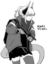 Rule 34 | 1girl, arknights, backpack, bag, closed mouth, commentary request, cowboy shot, dragon girl, dragon horns, dragon tail, gloves, greyscale, gun, haruichi (sazanami complex), high collar, highres, holding, holding gun, holding weapon, horns, jacket, liskarm (arknights), long sleeves, looking to the side, miniskirt, monochrome, open clothes, open jacket, profile, scarf, serious, shirt, short hair, simple background, skirt, solo, standing, submachine gun, tail, thighhighs, weapon, white background