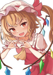 Rule 34 | 1girl, absurdres, ascot, blonde hair, crystal, dress, fang, flandre scarlet, frills, hat, hat ribbon, heart, heart hands, highres, legedoll, looking at viewer, mob cap, open mouth, puffy short sleeves, puffy sleeves, red dress, ribbon, short sleeves, side ponytail, simple background, skin fang, solo, touhou, white background, wings