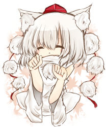 Rule 34 | 1girl, :&lt;, a-iueo, arms up, detached sleeves, closed eyes, female focus, hat, highres, inubashiri momiji, paw pose, shirt, short hair, silver hair, solo, tokin hat, touhou, upper body, wolf ears