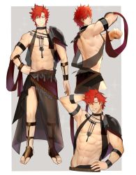 Rule 34 | 1boy, abs, alternate costume, arm behind head, bare pectorals, black shorts, brown footwear, choker, dancing, fire emblem, fire emblem: three houses, hand on own hip, highres, male focus, male pubic hair, navel, nintendo, nipples, pauldrons, pectorals, pubic hair, red hair, revealing clothes, sandals, sash, see-through, short shorts, shorts, shoulder armor, single pauldron, solo, sylvain jose gautier, yellow eyes, zhineart
