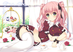 Rule 34 | 1girl, bekotarou, blush, breasts, cake, checkerboard cookie, cookie, cup, cupcake, dessert, flower, food, green eyes, long hair, looking at viewer, lying, macaron, medium breasts, midriff, on side, original, pink hair, plate, rose, skirt, sparkle, spoon, tea, teacup, teapot, thighhighs, tiered tray, tray, two side up, white thighhighs, window