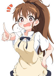 Rule 34 | 1girl, absurdres, apron, black ribbon, blouse, blush, breasts, brown eyes, brown hair, commentary request, cowboy shot, frilled apron, frills, hair between eyes, hand on own hip, highres, long hair, looking at viewer, medium breasts, neck ribbon, notice lines, open mouth, oppai loli, outstretched arm, pointing, pointing up, ponytail, ribbon, shirt, simple background, solo, taneshima popura, teardrop, wa ki ya ku, white background, white shirt, working!!, yellow apron