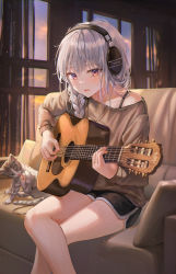 Rule 34 | 1girl, absurdres, acoustic guitar, artist name, black shorts, blush, bra strap, braid, brown shirt, cat, commentary, couch, crossed legs, curtains, dolphin shorts, feet out of frame, guitar, hair between eyes, headphones, highres, indoors, instrument, jewelry, light particles, long hair, long sleeves, looking at viewer, music, necklace, on couch, open mouth, original, parted lips, playing instrument, purple eyes, shirt, short shorts, shorts, silver hair, single braid, sitting, solo, symbol-only commentary, tokkyu, window
