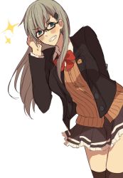 Rule 34 | 1girl, bad id, bad twitter id, bespectacled, black jacket, blue eyes, blush, breasts, brown cardigan, cardigan, collared shirt, cowboy shot, frilled skirt, frills, glasses, grey hair, grin, highres, inusaka, jacket, kantai collection, leaning forward, long hair, looking at viewer, medium breasts, oekaki, open clothes, open jacket, pleated skirt, remodel (kantai collection), shirt, sidelocks, simple background, sketch, skirt, smile, solo, sparkle, standing, suzuya (kancolle), thighhighs, upper body, white background, white shirt