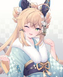 Rule 34 | 1girl, ahoge, alternate costume, animal ears, bell, belt, black bow, black sash, blonde hair, blue kimono, border, bow, box, branch, cat ears, cat girl, cat tail, crossed bangs, fingernails, floral print, floral print kimono, flower, fur-trimmed kimono, fur trim, genshin impact, gradient background, green eyes, green kimono, green ribbon, hair bell, hair between eyes, hair bow, hair bun, hair flower, hair ornament, hair ribbon, hairclip, hands up, happy new year, holding, holding box, japanese clothes, kanora, kimono, kirara (genshin impact), kirara (post office) (genshin impact), long hair, long sleeves, looking at viewer, multiple tails, nekomata, new year, obiage, one eye closed, open mouth, paw pose, ribbon, sash, sidelocks, simple background, smile, solo, tail, tassel, twintails, two tails, white border, white flower, wide sleeves, yellow belt, yellow ribbon