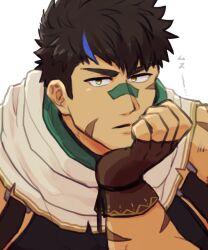 Rule 34 | 1boy, bandaid, bandaid on face, bandaid on nose, bara, black hair, blue hair, crave saga, elbow rest, expressionless, facial scar, gae bolg (crave saga), hand up, looking at viewer, male focus, multicolored hair, nattukre, pectorals, scar, scar on cheek, scar on face, short hair, solo, streaked hair, translation request, upper body