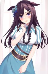 Rule 34 | 1girl, alternate costume, animal ears, belt, black hair, blush, breasts, commentary request, cosplay, hair ornament, hairclip, highres, horse ears, horse girl, horse tail, looking at viewer, medium breasts, mejiro bright (umamusume), mejiro bright (umamusume) (cosplay), mejiro dober (umamusume), purple eyes, simple background, solo, tail, umamusume, white background, zeatto