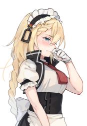 Rule 34 | 1girl, blonde hair, blue eyes, braid, crying, g36 (girls&#039; frontline), girls&#039; frontline, gloves, imoko (imonatsuki), long hair, maid, maid headdress, necktie, red necktie, solo, white background