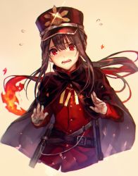 Rule 34 | 1boy, black hair, cape, fate/grand order, fate (series), gloves, hair between eyes, hat, holster, japanese clothes, long hair, long sleeves, low ponytail, male focus, military, military hat, military uniform, oda nobukatsu (fate), oda nobuyuki (fate/grand order), open mouth, panicking, peaked cap, red eyes, red shirt, shigaraki (strobe blue), shirt, sidelocks, solo, tearing up, teeth, uniform, upper body, white gloves