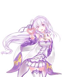 Rule 34 | 1girl, bad id, bad pixiv id, bare shoulders, blunt bangs, blush, braid, breasts, cleavage, commentary, detached sleeves, dress, elf, emilia (re:zero), flower, french braid, hair flower, hair ornament, hair ribbon, heart, highres, light purple hair, long hair, looking at viewer, low-tied long hair, medium breasts, miniskirt, n15e, pleated skirt, pointy ears, purple eyes, purple ribbon, re:zero kara hajimeru isekai seikatsu, ribbon, rose, silver hair, simple background, skirt, smile, solo, thighhighs, white background, white dress, white flower, white rose, white thighhighs, x hair ornament