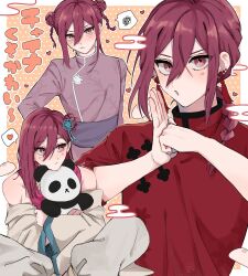 Rule 34 | baozi, blue lock, brown pants, chinese clothes, closed mouth, cowboy shot, detached sleeves, double bun, earrings, food, hair bun, hands up, highres, jewelry, long hair, long sleeves, looking at viewer, looking away, misachiyo514, pants, red eyes, red hair, red shirt, shirt, short hair, single side bun, sleeveless, standing, stuffed animal, stuffed panda, stuffed toy, upper body, wide sleeves