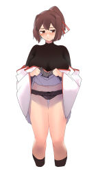 Rule 34 | 1girl, black panties, black shirt, breasts, brown eyes, brown hair, clothes lift, commentary request, commission, cropped legs, facing viewer, feet out of frame, frilled panties, frills, grey hakama, hair ribbon, hakama, hakama lift, hakama skirt, highres, ise (kancolle), ise kai ni (kancolle), japanese clothes, kantai collection, large breasts, panties, ponytail, red eyes, ribbon, shirt, short hair, sideways glance, simple background, sirakane (tigo5115), skeb commission, skirt, solo, undershirt, underwear, white background, wide sleeves