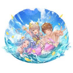 Rule 34 | 1boy, 2girls, aqua eyes, arm up, blue eyes, blue hair, brown hair, clenched teeth, closed eyes, facing viewer, flower, gran (granblue fantasy), granblue fantasy, grey hair, hair flower, hair ornament, innertube, lilele (granblue fantasy), looking at viewer, lyria (granblue fantasy), multiple girls, official art, one eye closed, open mouth, outstretched arm, partially submerged, petals, short hair, sky, smile, swim ring, swimsuit, teeth, upper body, v, water