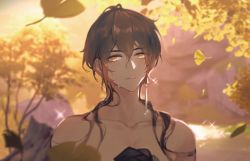 Rule 34 | 1boy, amenohi, black hair, blurry, blurry background, brown hair, earrings, evening, genshin impact, ginkgo tree, gradient hair, hair between eyes, hair down, highres, jewelry, leaf, long hair, looking at viewer, male focus, multicolored hair, outdoors, parted lips, single earring, solo, sparkle, topless male, tree, upper body, water, yellow eyes, zhongli (genshin impact)