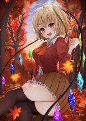 Rule 34 | 1girl, :d, absurdres, aged up, ascot, autumn leaves, bad anatomy, bat wings, black thighhighs, blonde hair, blush, breasts, brown skirt, buttons, center frills, clenched hand, cloud, collared shirt, crystal, ekidona, falling leaves, flandre scarlet, frilled skirt, frills, highres, leaf, long hair, long sleeves, maple leaf, medium breasts, on ground, one side up, open mouth, orange ascot, outdoors, partially unbuttoned, petite, pleated skirt, red eyes, red vest, shirt, side ponytail, sitting, skirt, sky, smile, solo, sunset, thighhighs, touhou, tree, twisted torso, vest, white shirt, wings