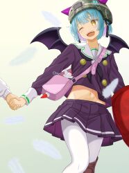Rule 34 | 1girl, 1other, ;d, bag, bat wings, blue hair, blunt bangs, blush, bright pupils, bungo yayoi, colored eyelashes, colored inner hair, commentary, crab claw, fake horns, fake wings, fang, feet out of frame, handbag, happy, heaven burns red, highres, holding hands, horned headwear, horns, long sleeves, looking to the side, miniskirt, mochimugi rice, multicolored hair, navel, one eye closed, open mouth, pantyhose, pink bag, pink hair, pleated skirt, purple serafuku, purple shirt, purple skirt, sailor collar, school uniform, serafuku, shirt, short hair, simple background, skirt, smile, solo focus, standing, teeth, tsurime, upper teeth only, white pantyhose, white sailor collar, wings, yellow background, yellow eyes
