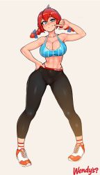 Rule 34 | 1girl, abs, blue eyes, blush, braid, breasts, cleavage, curvy, freckles, hand on own hip, highres, hip focus, large breasts, leggings, midriff, nisetanaka, product girl, red hair, smile, smug, solo, sports bra, twin braids, twintails, wendy&#039;s, wendy (wendy&#039;s), wide hips