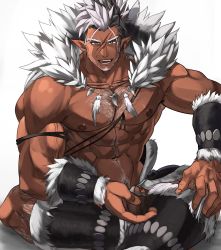 Rule 34 | 1boy, abs, bara, bare pectorals, beard, bellsaltr, bracer, brown hair, cape, chest hair, dark-skinned male, dark skin, facial hair, feather collar, fur-trimmed cape, fur collar, fur trim, goatee, hairy, highres, leg hair, crossed legs, long sideburns, looking at viewer, male focus, mature male, multicolored hair, muscular, muscular male, navel, navel hair, necklace, nipples, pectorals, pointy ears, pubic hair, pubic hair peek, revealing clothes, short hair, sideburns, smile, solo, spiked hair, stomach, tattoo, tokyo houkago summoners, tooth necklace, tribal tattoo, two-tone hair, white hair, white tribe (housamo), yellow eyes