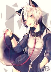 Rule 34 | 1girl, animal ears, black collar, black hair, black jacket, blush, breasts, chita (ketchup), collar, commentary request, dog ears, dog girl, dog tail, ear piercing, fang, gradient hair, green eyes, hair between eyes, hand in pocket, head tilt, highres, holding, holding leash, jacket, leash, long hair, long sleeves, multicolored hair, open clothes, open jacket, original, parted lips, piercing, shirt, signature, small breasts, solo, tail, tail raised, tongue, tongue out, very long hair, white hair, white shirt, wristband, zipper pull tab