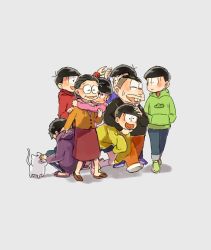 Rule 34 | 10s, 1girl, 6+boys, :d, ^ ^, arm around neck, arms around neck, back, black hair, brothers, buck teeth, carrying, carrying under arm, cat, closed eyes, clothes grab, facial hair, family, flats, glasses, grey background, grey hair, hair bun, hand on another&#039;s head, hands in pocket, heart, heart in mouth, hood, hood down, hoodie, hug, hug from behind, jacket, long sleeves, matsuno choromatsu, matsuno ichimatsu, matsuno jyushimatsu, matsuno karamatsu, matsuno matsuyo, matsuno matsuzou, matsuno osomatsu, matsuno todomatsu, multiple boys, mustache, nuriko-kun, open mouth, osomatsu-kun, osomatsu-san, osomatsu (series), pants, pants rolled up, reaching, sextuplets, shorts, siblings, simple background, single hair bun, sketch, skirt, sleeves past wrists, slippers, smile, socks, squatting, sweater, teeth, walking