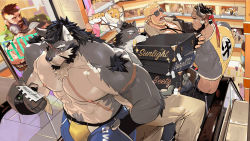 Rule 34 | abs, bara, bear, black hair, blush, case, chang (gyee), denim, facial hair, fingerless gloves, furry, furry male, gloves, gyee, headband, highres, hug, jeans, large pectorals, looking at another, male focus, mall, manly, mature male, morgan (gyee), multiple boys, muscular, muscular male, navel, necktie, nipples, open mouth, pants, pectorals, santos (gyee), scar, scar on face, spiked hair, stairs, sunglasses, takashi (gyee), teeth, tight clothes, tongue, tooboshoo, topless male, wolf boy