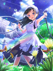 Rule 34 | 1girl, :d, aiuabo, black hair, blue eyes, blurry, blurry foreground, clothesline, commentary, dandelion, day, dual wielding, flower, highres, holding, hose, laundry, lighthouse, long hair, looking at viewer, maid, maid headdress, open mouth, original, outdoors, rainbow, sky, smile, solo, tree, water, water drop