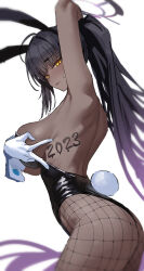 Rule 34 | 1girl, 2023, ahoge, animal ears, arm behind head, arm up, armpits, ass, back, backless leotard, bare back, bare shoulders, black hair, black leotard, blue archive, blush, body writing, breasts, chinese zodiac, closed mouth, covering privates, covering breasts, cowboy shot, dark-skinned female, dark skin, detached collar, fake animal ears, fake tail, fishnet pantyhose, fishnets, from side, gloves, gradient hair, halo, high ponytail, highleg, highleg leotard, highres, karin (blue archive), karin (bunny) (blue archive), large breasts, leotard, long hair, looking at viewer, looking back, looking to the side, multicolored hair, mx2j, new year, number tattoo, official alternate costume, pantyhose, playboy bunny, ponytail, purple hair, rabbit ears, rabbit tail, sideboob, sidelocks, simple background, solo, strapless, strapless leotard, sweat, sweatdrop, tail, tattoo, thighs, very long hair, white background, white gloves, wrist cuffs, year of the rabbit, yellow eyes