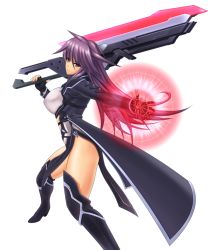 Rule 34 | 1girl, black footwear, black gloves, black jacket, black thighhighs, boots, breasts, closed mouth, fingerless gloves, gloves, glowing, hair between eyes, holding, holding sword, holding weapon, huge weapon, jacket, knee boots, large breasts, legs apart, loincloth, long sleeves, mo-frederick, mohumohure, open clothes, open jacket, outstretched arm, pelvic curtain, purple eyes, purple hair, sideboob, simple background, smile, solo, standing, sword, thighhighs, thighs, weapon, white background