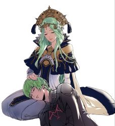 Rule 34 | 1boy, 1girl, armor, byleth (fire emblem), byleth (male) (fire emblem), closed eyes, closed mouth, crown, dallsosu, dress, fire emblem, fire emblem: three houses, flower, green hair, hair flower, hair ornament, hand on another&#039;s head, highres, lap pillow, long hair, nintendo, rhea (fire emblem), short hair, simple background, sitting, sleeping, tiara, white background