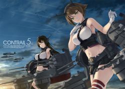 Rule 34 | 10s, 2girls, aircraft, airplane, bare shoulders, black gloves, black hair, black legwear, breasts, brown eyes, brown hair, cannon, chain, cloud, cloudy sky, collar, contrail, contrapposto, cowboy shot, crop top, dutch angle, elbow gloves, finger to mouth, fingerless gloves, gloves, green eyes, groin, hairband, hand on own hip, hand up, headgear, highres, kantai collection, large breasts, long hair, looking at viewer, machinery, midriff, miniskirt, multiple girls, mutsu (kancolle), nagato (kancolle), navel, outdoors, pleated skirt, radio antenna, red eyes, red legwear, rigging, rokuwata tomoe, seaplane, short hair, skirt, sky, sleeveless, smile, smokestack, spiked hair, spikes, standing, thighhighs, turret, white gloves, zettai ryouiki